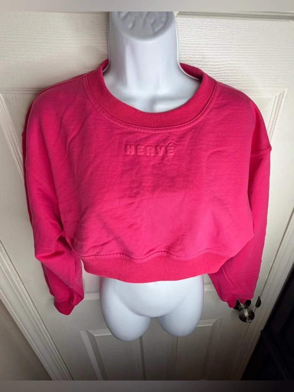 Herve Leger Women’s Small Pink Cropped Logo Sweatshirt S Long Sleeve Pullover